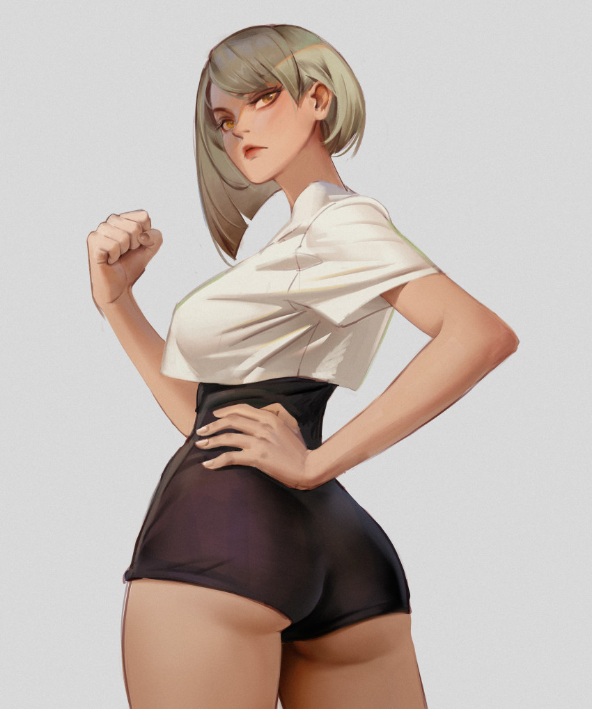 1girl, absurdres, ass, black_shorts, blonde_hair, breasts, clenched_hand, closed_mouth