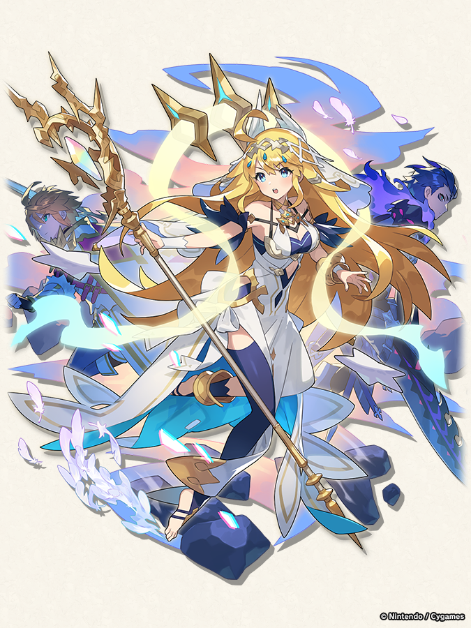 1girl, 2boys, blonde_hair, blue_eyes, blue_legwear, bridal_veil, dragalia_lost, dress, euden, feathers, full_body, gala_nedrick, holding, holding_staff, long_hair, looking_to_the_side, multiple_boys, official_art, open_mouth, sleeveless, staff, veil, very_long_hair, white_dress, wrist_cuffs, zethia, zethia_(bondforged)