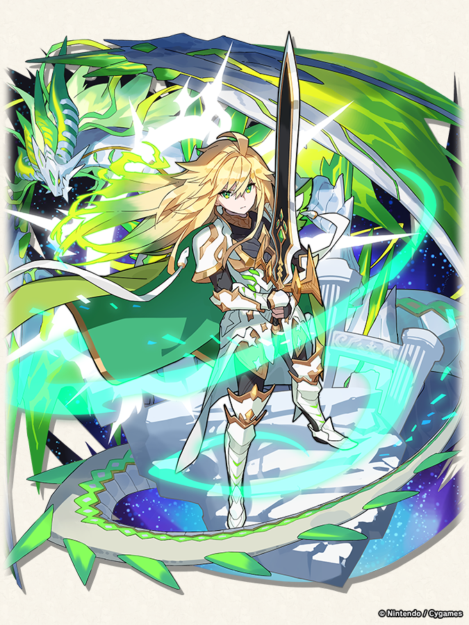1boy, ahoge, alternate_hairstyle, armored_boots, blonde_hair, boots, cape, dragalia_lost, dragon, euden, euden_(bondforged), full_body, gauntlets, gloves, gradient_hair, green_cape, green_eyes, green_hair, holding, holding_sword, holding_weapon, knight, long_hair, looking_at_viewer, midgardsormr_(dragalia_lost), midgardsormr_zero_(dragalia_lost), multicolored_hair, official_art, sword, weapon, white_gloves
