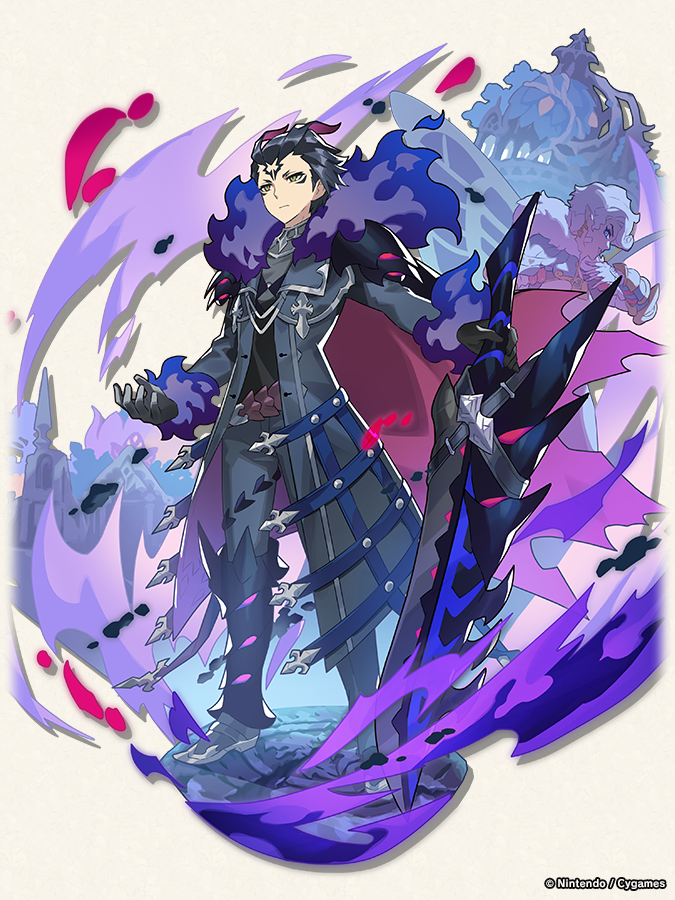 2boys, armored_boots, black_hair, boots, character_request, claymore_(sword), coat, dragalia_lost, full_body, fur-trimmed_coat, fur-trimmed_sleeves, fur_trim, gala_nedrick, greatsword, green_eyes, holding, holding_sword, holding_weapon, long_sleeves, looking_to_the_side, multiple_boys, official_art, pointy_ears, short_hair, standing, sword, weapon
