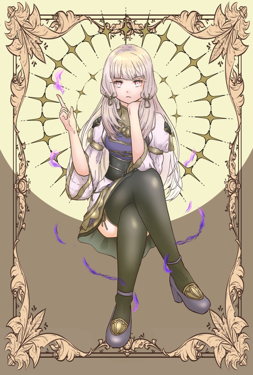 1girl, black_thighhighs, crossed_legs, fire_emblem, fire_emblem:_three_houses, fire_emblem_warriors, fire_emblem_warriors:_three_hopes, full_body, high_heels, highres, long_hair, looking_at_viewer, lysithea_von_ordelia, magic, nintendo, pink_eyes, purple_footwear, sifil_amfr, solo, thighhighs, thighs, white_hair, zettai_ryouiki