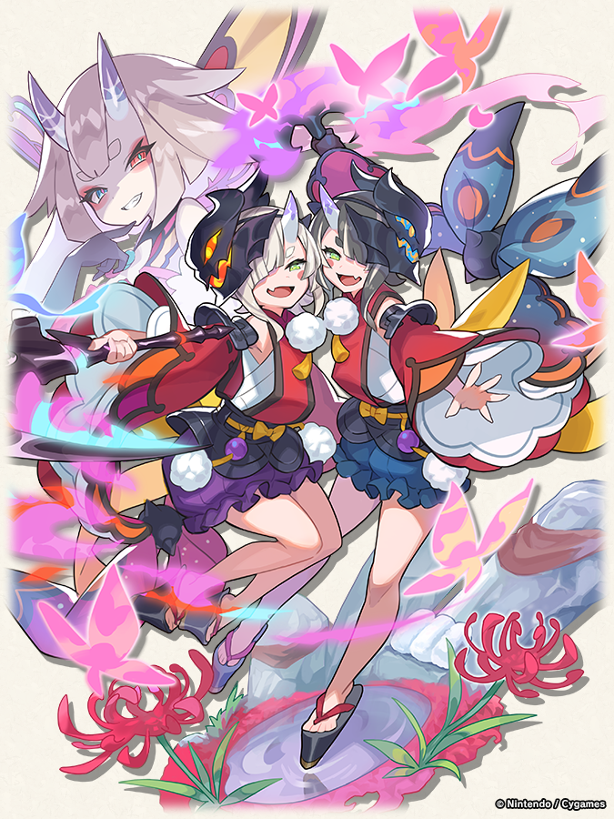 2girls, asymmetrical_bangs, ayaha_(dragalia_lost), black_hair, bug, butterfly, dragalia_lost, fangs