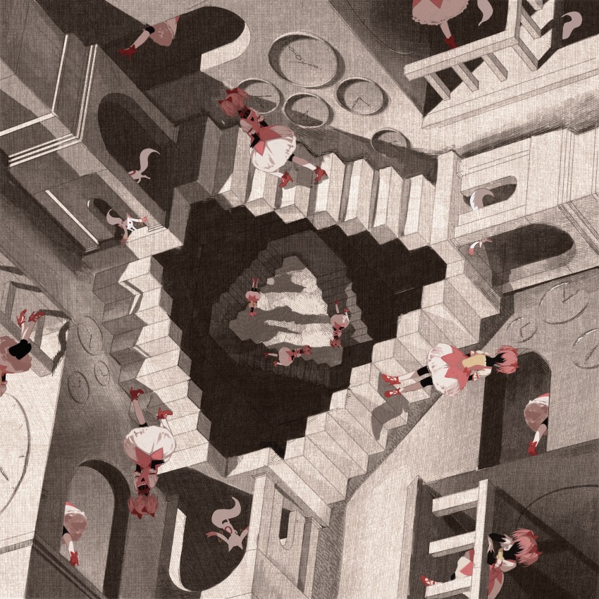 6+girls, absurdres, against_railing, black_skin, bow, bubble_skirt, clock, clothing_cutout