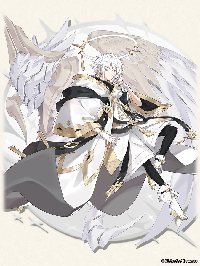 1girl, angel_wings, bishounen, black_legwear, dragalia_lost, earrings, finger_to_mouth, fingerless_gloves, gloves, hakama, hakama_shorts, halo, japanese_clothes, jewelry, long_sleeves, looking_at_viewer, male_focus, mechanical_halo, michael_(dragalia_lost), official_art, orange_eyes, short_hair, shorts, smile, white_footwear, white_gloves, white_hair, white_shorts, wide_sleeves, wings