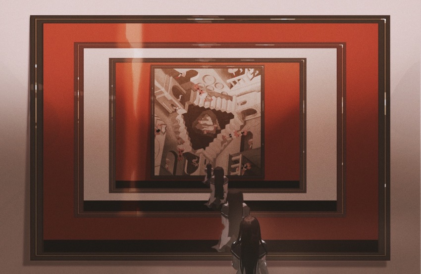 4girls, akemi_homura, akemi_homura_(magical_girl), black_hair, commentary, english_commentary, facing_away, from_behind, highres, impossible_architecture, kaname_madoka, kaname_madoka_(magical_girl), kyubey, long_hair, mahou_shoujo_madoka_magica, mahou_shoujo_madoka_magica_(anime), multiple_girls, multiple_persona, painting_(object), penrose_stairs, picture_frame, seiza, sitting, standing, straight_hair, upper_body, yayaziiii