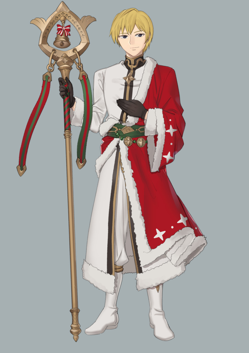 1boy, alternate_costume, bishounen, black_eyes, blonde_hair, boots, commentary, ebinku, english_commentary, fire_emblem, fire_emblem:_thracia_776, full_body, grey_background, highres, holding, holding_staff, long_sleeves, looking_at_viewer, male_focus, nintendo, pants, robe, short_hair, simple_background, sleuf_(fire_emblem), smile, solo, staff, standing, white_boots, white_pants, white_robe, wide_sleeves