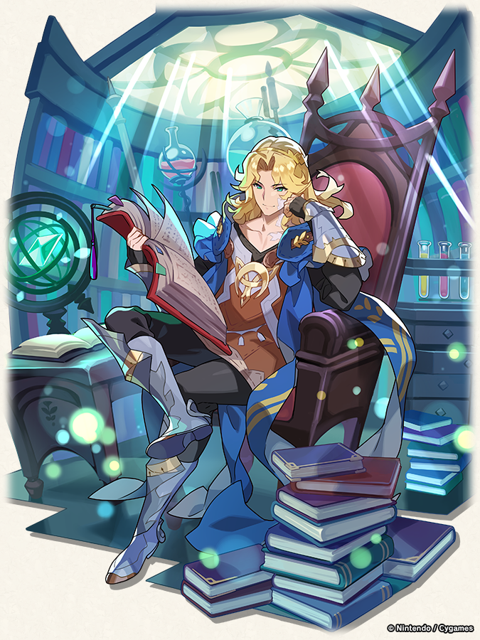 armored_boots, bishounen, black_gloves, blonde_hair, book, book_stack, boots, dragalia_lost, fingerless_gloves, flask, gauntlets, gloves, green_eyes, holding, holding_book, indoors, long_hair, long_sleeves, looking_down, male_focus, official_art, open_book, phares_(dragalia_lost), round-bottom_flask, sitting, smile, test_tube_rack, wavy_hair