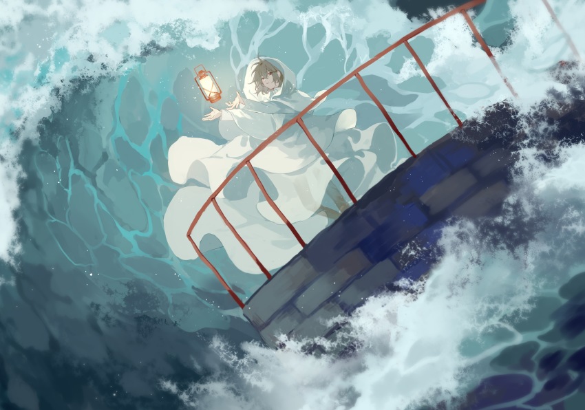 1boy, absurdres, brown_pants, cloak, collared_shirt, eyes_visible_through_hair, harada_mutei, hice_hideice