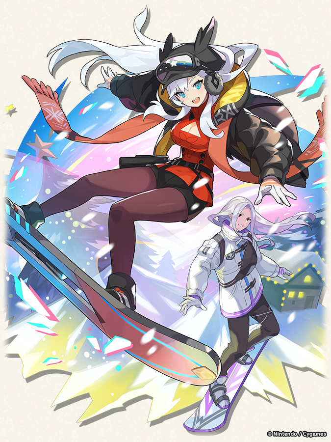 1boy, 1girl, black_headwear, black_shorts, blue_eyes, breasts, bright_pupils, brown_pantyhose, character_request, cleavage_cutout, clothing_cutout, dragalia_lost, earmuffs, full_body, gloves, goggles, goggles_on_headwear, ilia_(dragalia_lost), ilia_(dragonyule)_(dragalia_lost), large_breasts, long_hair, long_sleeves, looking_at_viewer, official_art, open_mouth, pantyhose, red_scarf, scarf, short_shorts, shorts, smile, snowboarding, sweater, turtleneck, turtleneck_sweater, white_gloves, white_hair, white_pupils