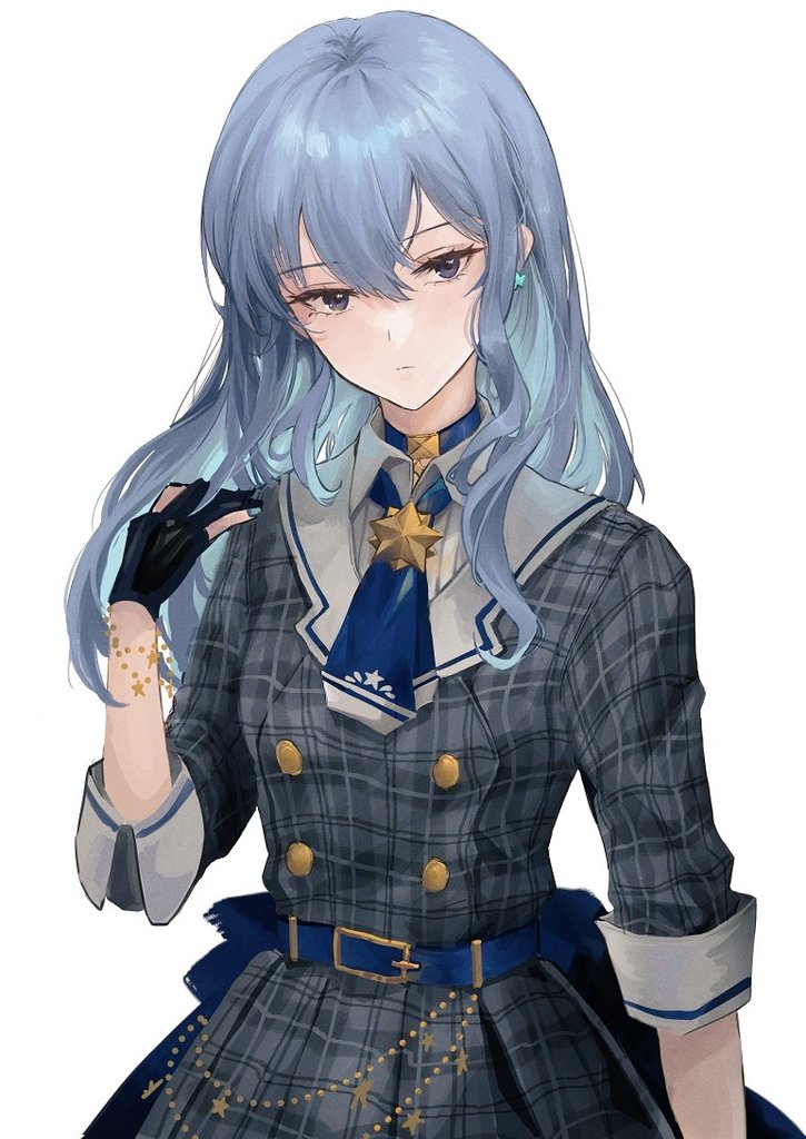 1girl, ascot, belt, black_gloves, blue_ascot, blue_belt, blue_choker, blue_hair, blue_nails, bracelet, choker, closed_mouth, dress, gloves, grey_dress, hair_between_eyes, hair_down, head_tilt, hololive, hoshimachi_suisei, hoshimachi_suisei_(1st_costume), jacket, jewelry, kyrl, long_hair, long_sleeves, looking_at_viewer, nail_polish, partially_fingerless_gloves, plaid_clothes, plaid_dress, plaid_jacket, plaid_skirt, simple_background, skirt, solo, star_bracelet, virtual_youtuber, white_background