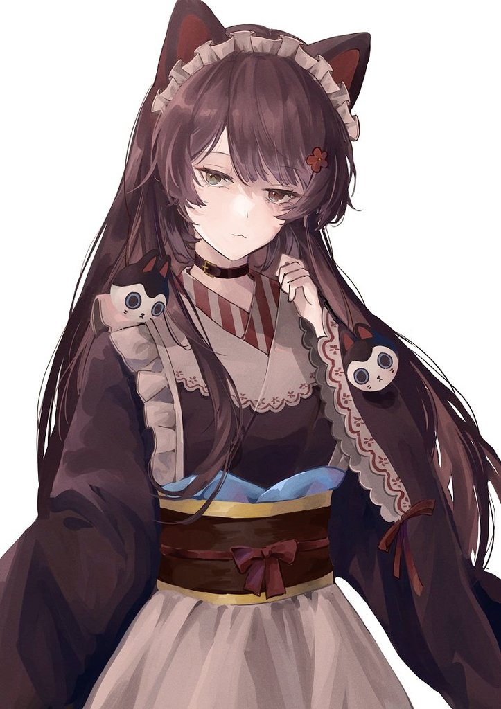 1girl, black_choker, brown_hair, brown_kimono, choker, closed_mouth, double_bun, flower