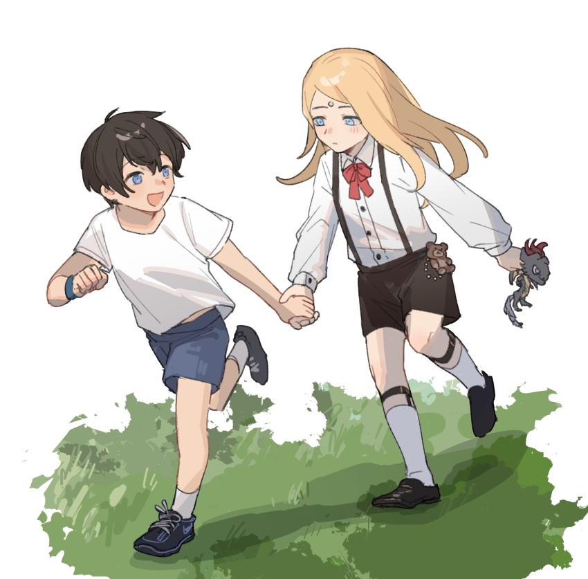 2boys, :d, adventurer_(ff14), aged_down, black_footwear, blonde_hair, blue_eyes, blue_shorts