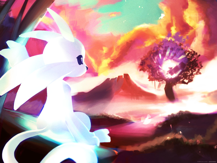 1other, ancesra, animal_ears, animal_feet, animal_hands, animal_nose, aqua_sky, arm_at_side, arm_up, artist_name, blank_eyes, blue_eyes, body_fur, cloud, day, from_behind, furry, glowing, green_sky, in_tree, ori_(ori_and_the_blind_forest), ori_and_the_blind_forest, other_focus, outdoors, patreon_username, sitting, sketch, sky, snout, solo, tail, tree, watermark, web_address, white_fur