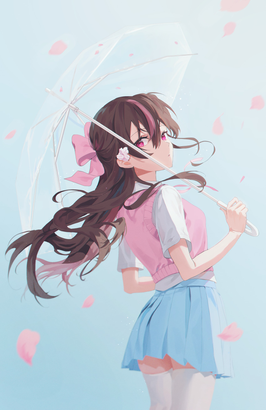 1girl, absurdres, bow, brown_hair, cccc2445, cherry_blossoms, collared_shirt, dress_shirt