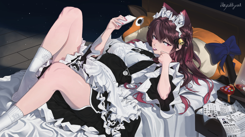 1girl, absurdres, animal_ear_fluff, animal_ears, apron, artist_name, bed, bell, black_necktie, black_shorts, blue_bow, bow, breasts, cat_ears, cellphone, dress, frilled_apron, frilled_dress, frills, gradient_hair, hair_bell, hair_between_eyes, hair_ornament, hayahbyeol, high-waist_skirt, highres, holding, holding_phone, jururu, long_hair, looking_at_viewer, lying, maid, medium_breasts, multicolored_hair, nail_polish, necktie, on_back, on_bed, phone, purple_eyes, purple_hair, red_nails, shirt, short_shorts, shorts, skirt, smartphone, socks, solo, suspender_skirt, suspenders, two_side_up, virtual_youtuber, waktaverse, white_apron, white_shirt, white_socks, wide_sleeves