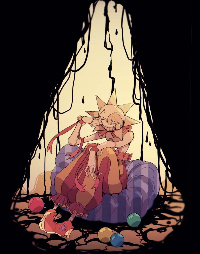 1boy, absurdres, baggy_pants, ball, bean_bag_chair, crying, crying_with_eyes_open, five_nights_at_freddy's