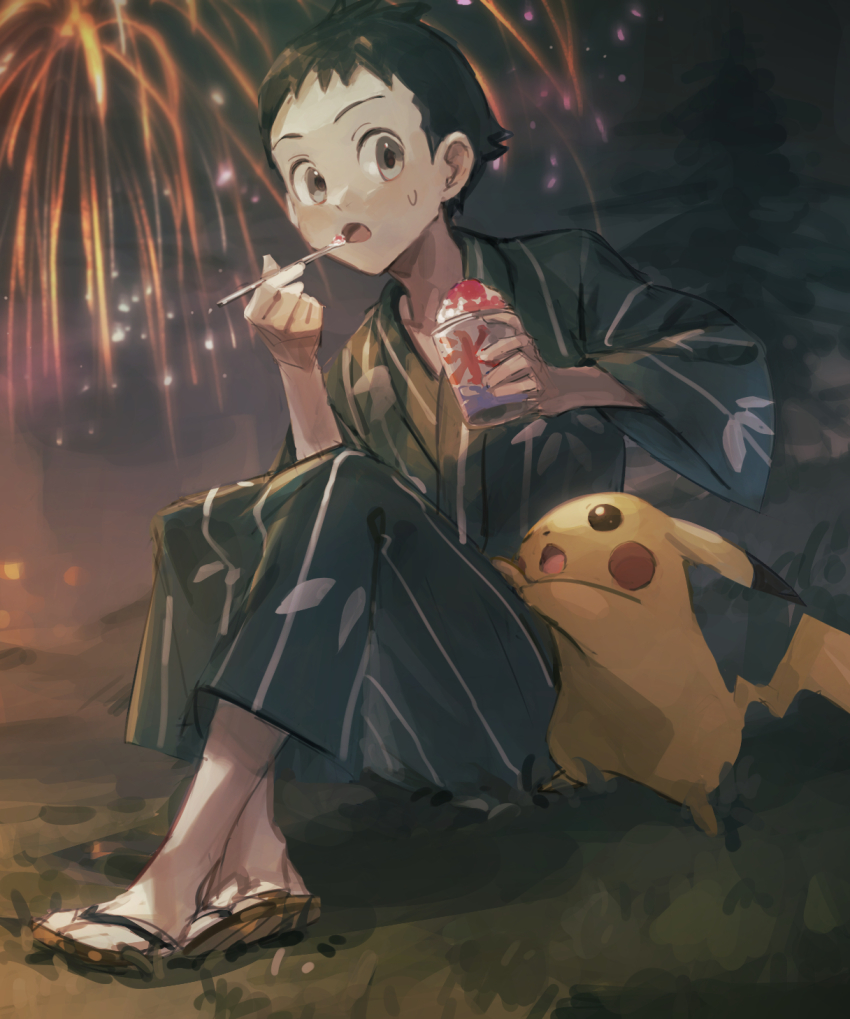 1boy, black_hair, blush, brown_footwear, child, cup, eating, fireworks