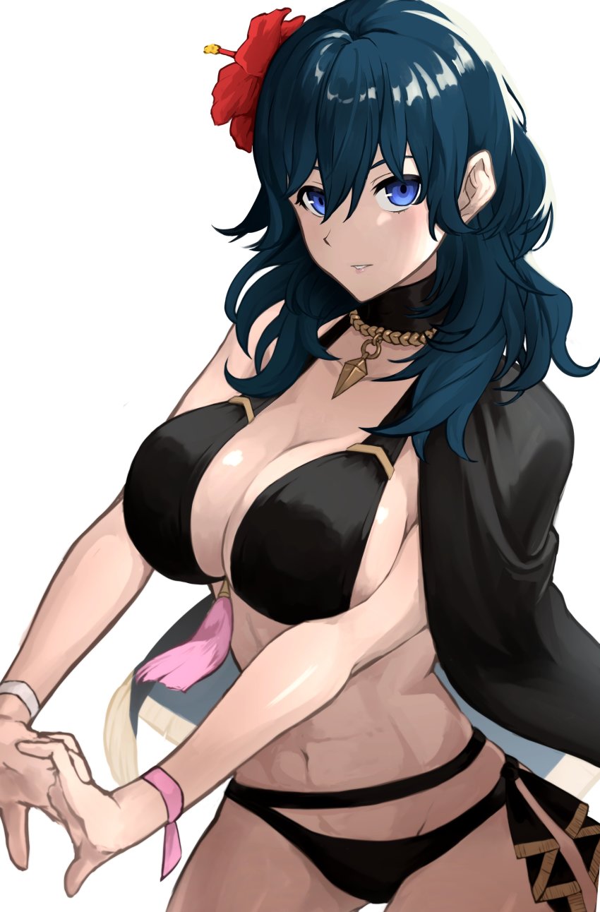 1girl, abs, absurdres, bare_shoulders, bikini, black_bikini, black_coat, blue_eyes, blue_hair, breasts, female_byleth_(fire_emblem), female_byleth_(summer)_(fire_emblem), cleavage, coat, collarbone, fire_emblem, fire_emblem:_three_houses, flower, hair_flower, hair_ornament, highres, large_breasts, looking_at_viewer, medium_hair, midriff, navel, nintendo, official_alternate_costume, red_flower, simple_background, solo, swimsuit, zuzu_(ywpd8853)