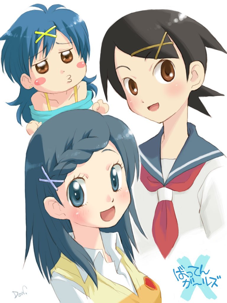 00s, 3girls, black_hair, blue_eyes, blue_hair, blush_stickers, brown_eyes, crossover