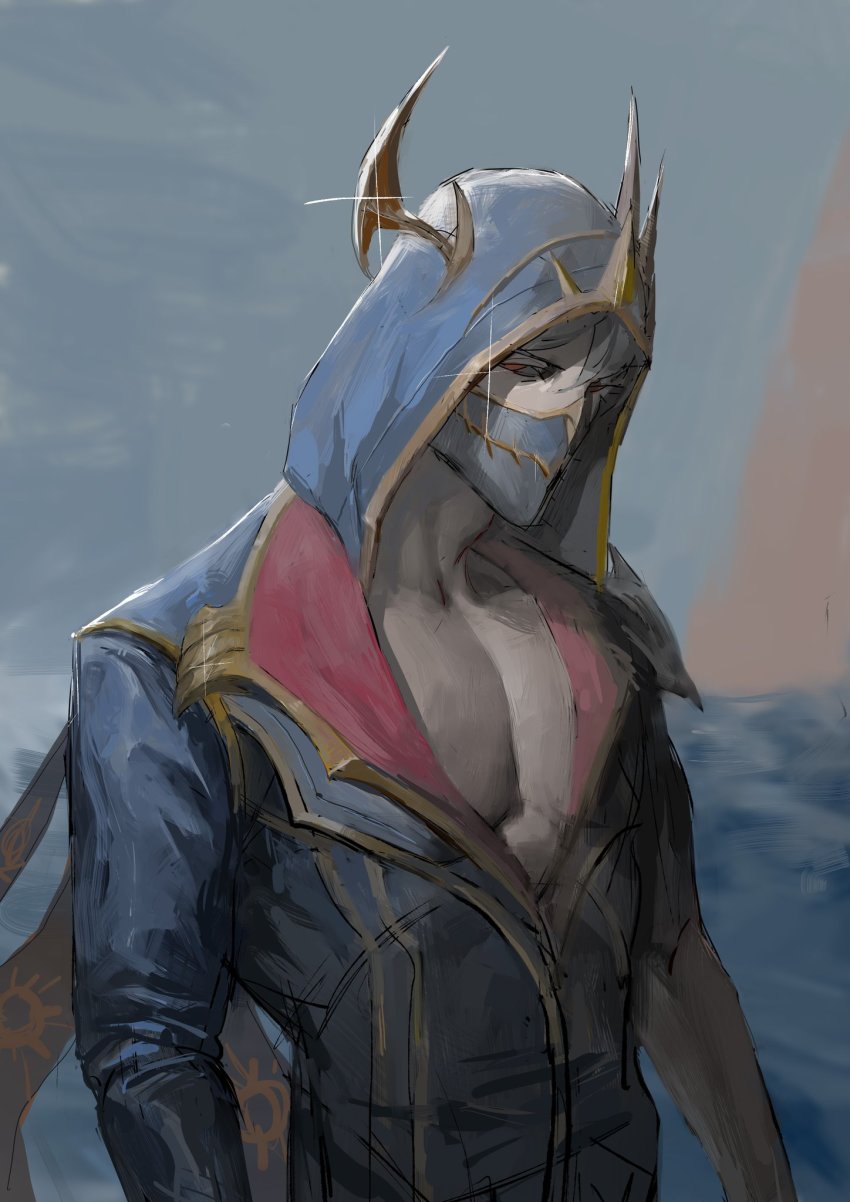clothing_aside, high_noon_talon, highres, hood, horns, league_of_legends, mask, mouth_mask