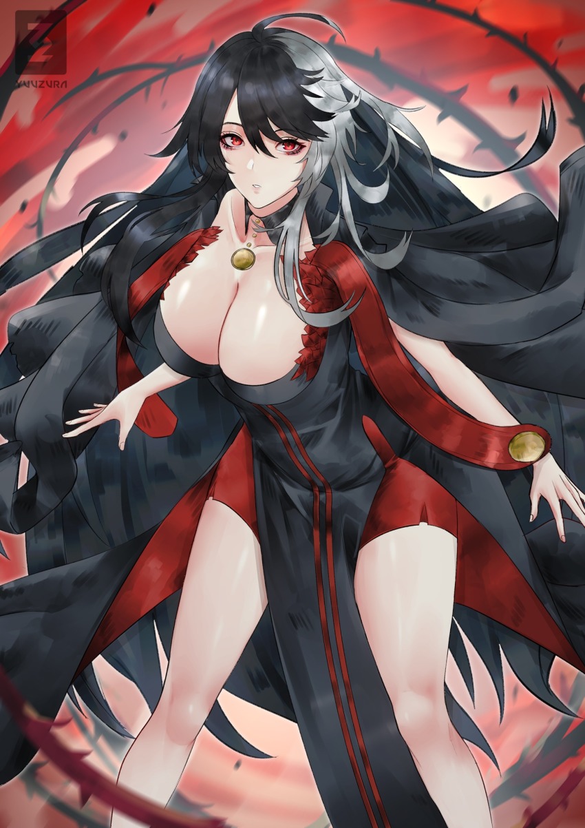 1girl, breasts, cleavage, dress, highres, long_hair, multicolored_hair, paloma_(alchemy_stars)