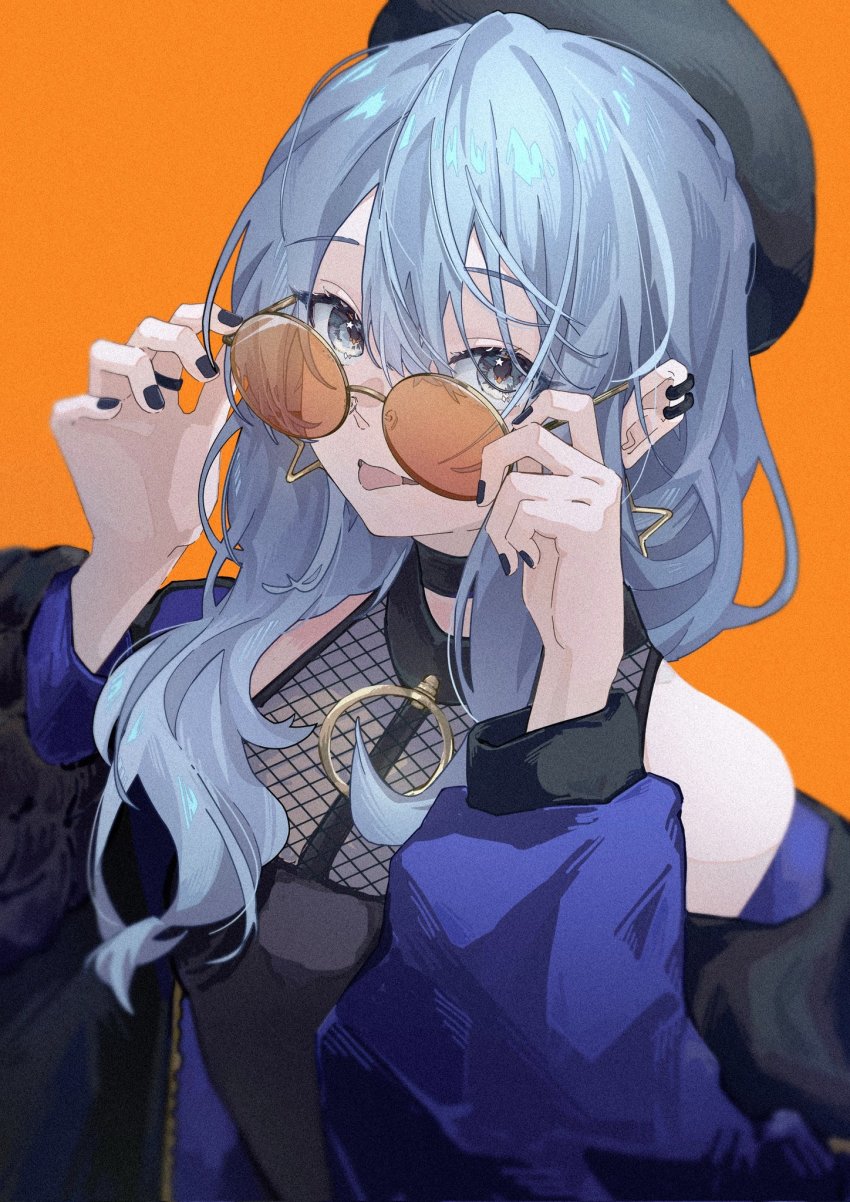 1girl, bare_shoulders, beret, black_nails, blue_eyes, blue_hair, choker, earrings