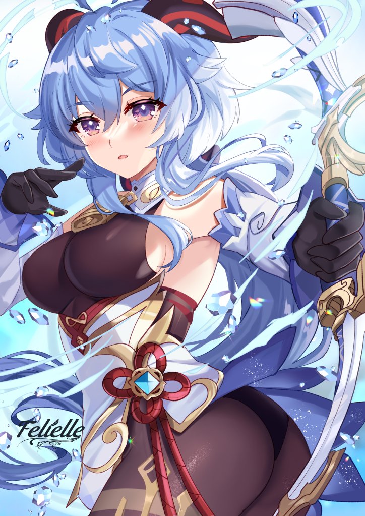 1girl, ahoge, amos'_bow_(genshin_impact), artist_name, ass, bare_shoulders, bell, black_gloves