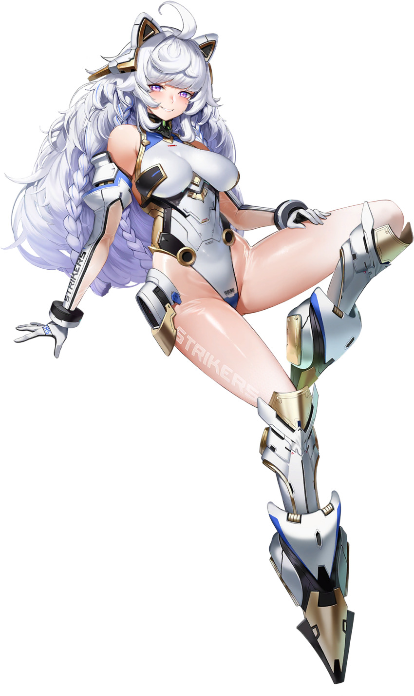 1girl, ahoge, blush, braid, breasts, elbow_gloves, full_body, gloves, grin, highres, last_origin, leotard, long_hair, looking_at_viewer, multiple_braids, official_art, purple_eyes, sitting, smile, solo, transparent_background, ullr_(last_origin), white_hair, white_leotard