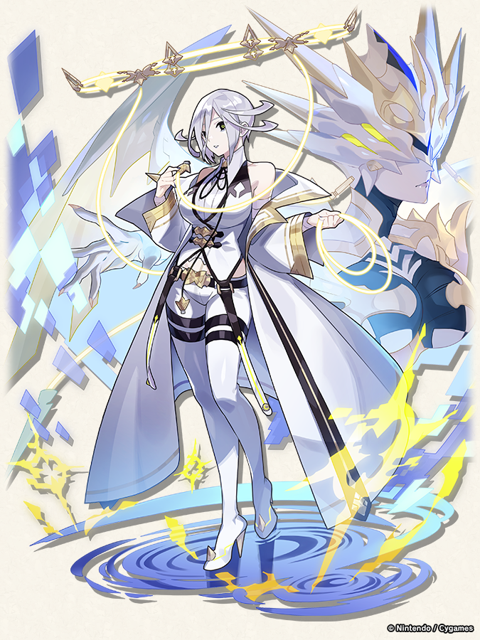 1girl, bags_under_eyes, breasts, dragalia_lost, full_body, green_eyes, halo, high_heels, large_breasts, lipstick, long_sleeves, looking_at_viewer, makeup, mechanical_halo, off_shoulder, official_art, pants, purple_lips, sandalphon_(dragalia_lost), shirt, short_hair, sleeveless, sleeveless_shirt, white_hair, white_pants