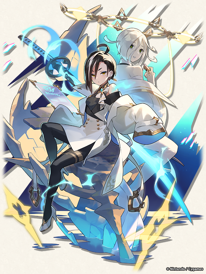 1girl, 2girls, ahoge, bags_under_eyes, black_hair, black_pantyhose, breasts, dragalia_lost, dress, full_body, gem, green_eyes, halo, high_heels, katana, looking_at_viewer, mechanical_halo, mole, mole_under_eye, multicolored_hair, multiple_girls, off_shoulder, official_art, pantyhose, regina_(dragalia_lost), sandalphon_(dragalia_lost), short_hair, small_breasts, sword, two-tone_hair, weapon, white_dress, white_footwear, white_hair, yellow_eyes