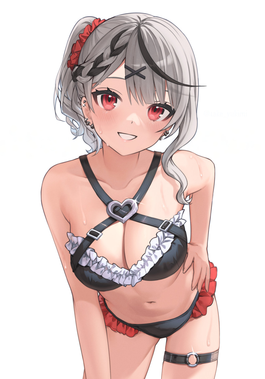 1girl, absurdres, bare_arms, bare_shoulders, bikini, black_bikini, braid, breasts, cleavage, collarbone, commentary, cowboy_shot, criss-cross_halter, ear_piercing, earrings, frilled_bikini, frills, glint, grey_hair, grin, hair_ornament, hair_scrunchie, hairclip, halterneck, hand_on_own_hip, highres, hololive, jewelry, large_breasts, leaning_forward, looking_at_viewer, multicolored_hair, navel, outdoors, piercing, red_eyes, sakamata_chloe, scrunchie, short_hair, simple_background, smile, solo, standing, stomach, streaked_hair, swimsuit, tate_yukimi, thigh_strap, thighs, virtual_youtuber, wavy_hair, wet, white_background, x_hair_ornament