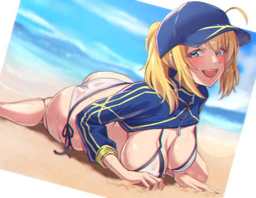 1girl, ahoge, artoria_pendragon_(fate), ass, baseball_cap, beach, bikini, blonde_hair