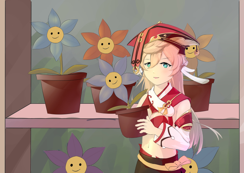 1girl, absurdres, antlers, bms, bms_of_fighters, chinese_clothes, derivative_work, flower, flower_pot, genshin_impact, highres, holding, horns, mopemope, optie_animation, phigros, pink_hair, shelf, smile, yanfei_(genshin_impact)