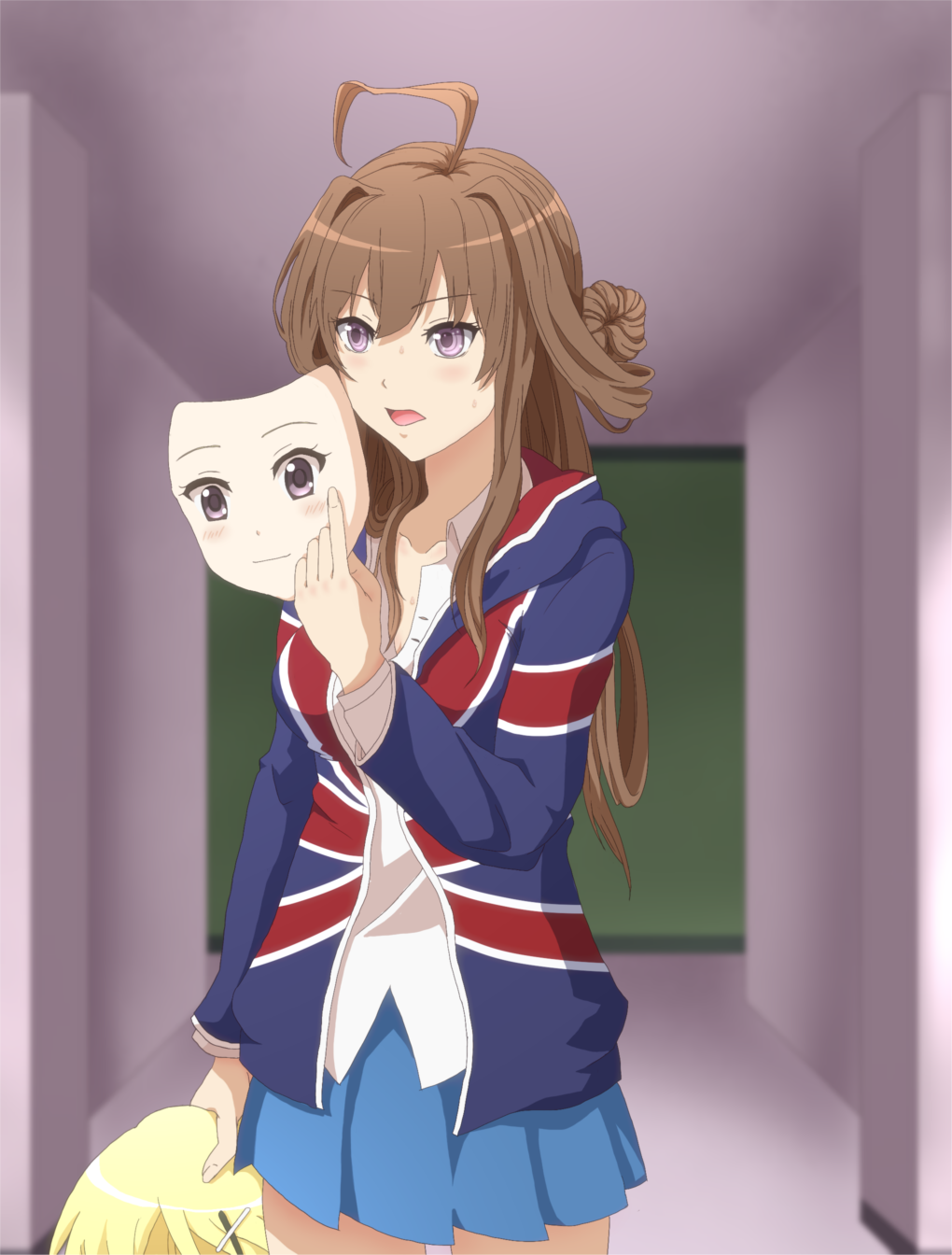 1girl, ahoge, blush, breasts, brown_hair, cosplay, highres, holding