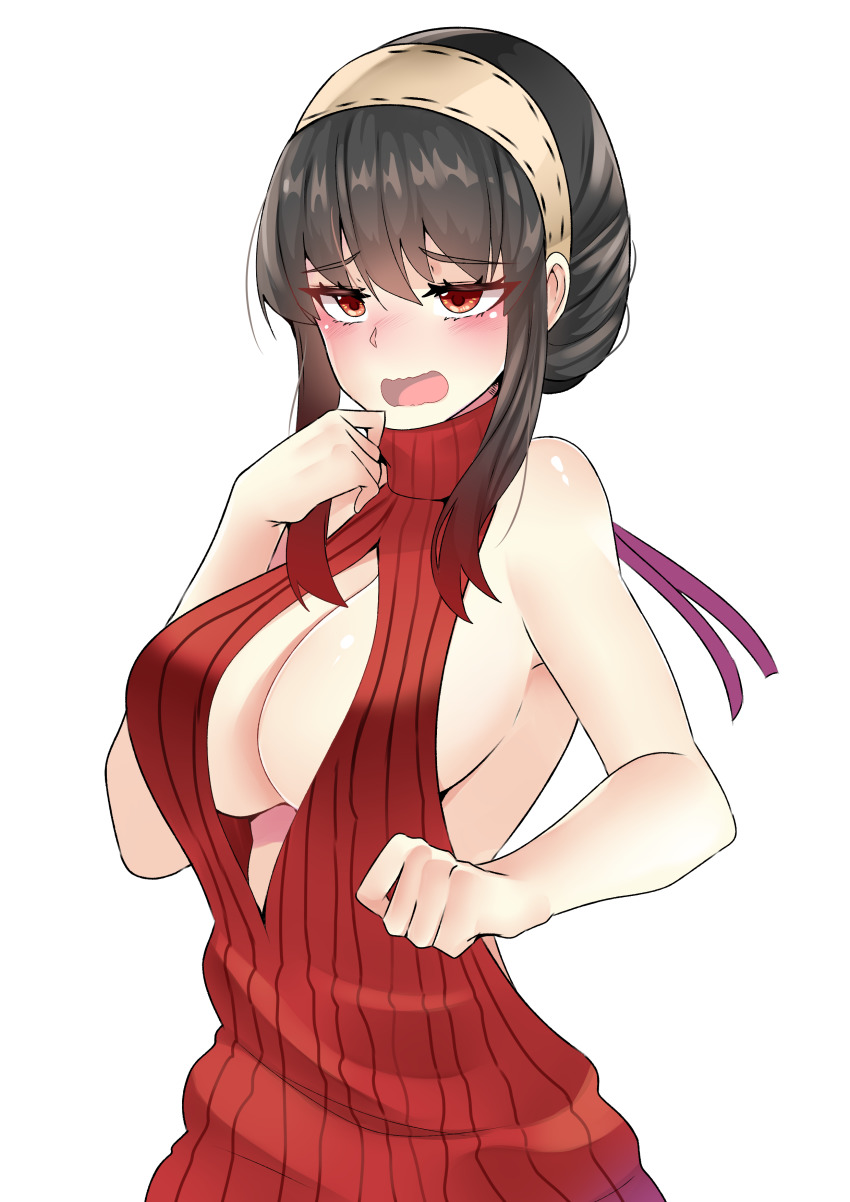 1girl, absurdres, bare_shoulders, black_hair, blush, breasts, cleavage, cleavage_cutout