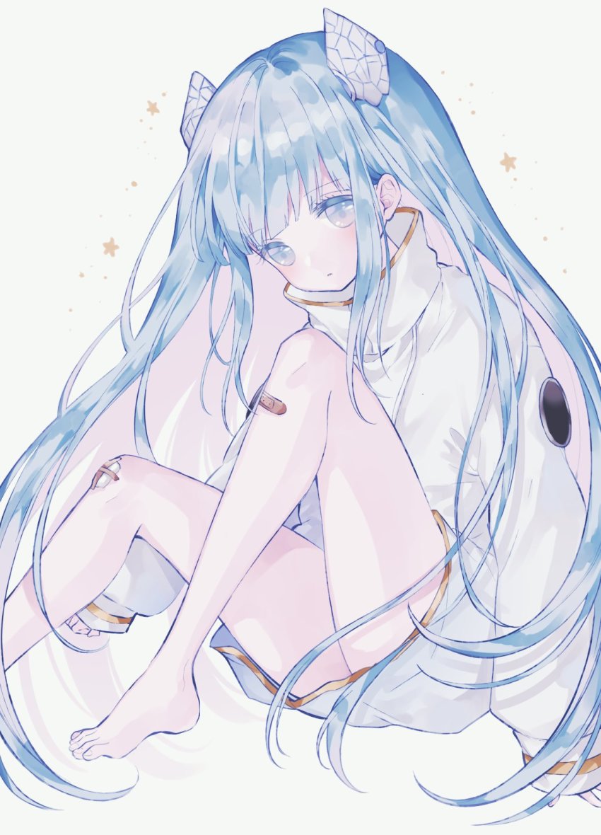 1girl, bandaid, blue_eyes, blue_hair, hair_ornament, highres, long_hair, looking_at_viewer