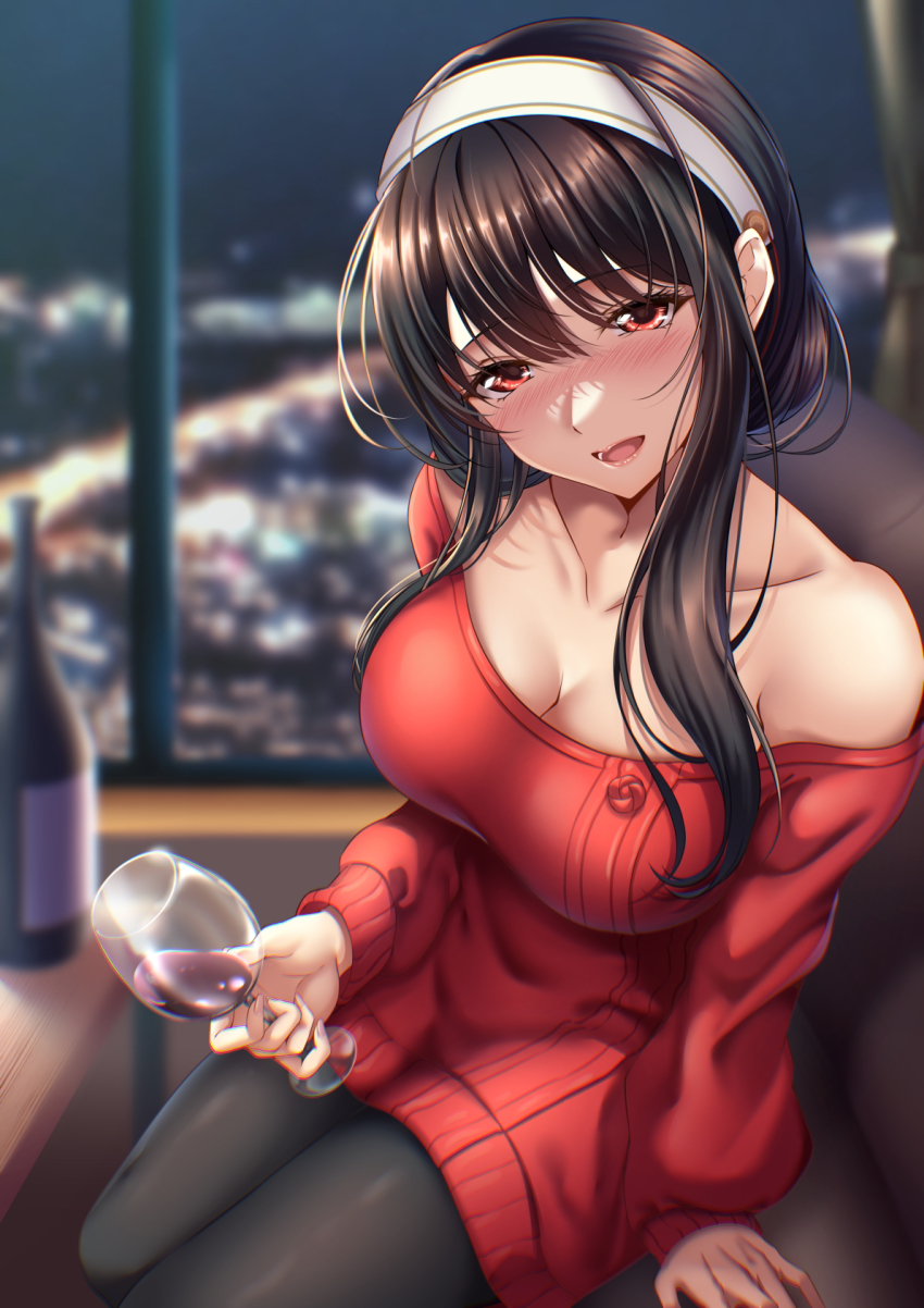 1girl, alcohol, bare_shoulders, black_hair, black_pantyhose, blurry, blurry_background, blush, bottle, breasts, city_lights, cleavage, collarbone, commentary_request, couch, cup, dress, drinking_glass, drunk, hairband, highres, leaning_forward, long_hair, looking_at_viewer, medium_breasts, night, nose_blush, off-shoulder_sweater, off_shoulder, on_couch, open_mouth, pantyhose, rairaisuruyo, red_eyes, red_sweater, short_hair_with_long_locks, sidelocks, sitting, solo, spy_x_family, sweater, sweater_dress, white_hairband, window, wine, wine_bottle, wine_glass, yor_briar
