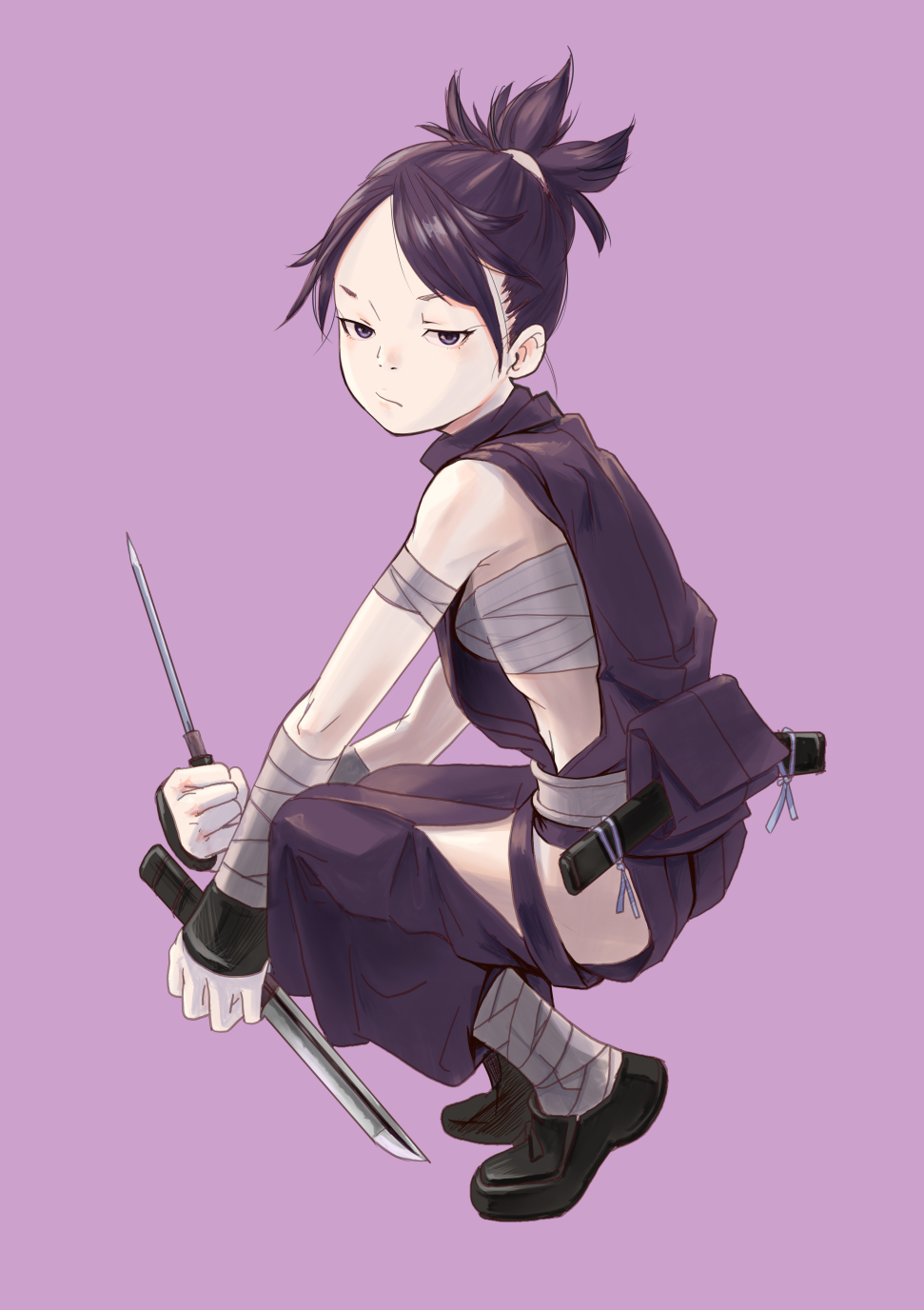 1girl, aged_down, aki_hiro, ayame_(tenchuu), bandaged_arm, bandaged_leg, bandages, black_hair, breasts, chest_sarashi, child, clothing_cutout, commentary_request, dagger, dual_wielding, frown, full_body, hair_pulled_back, hakama, highres, hip_vent, holding, holding_dagger, holding_knife, holding_weapon, japanese_clothes, kneeling, knife, looking_at_viewer, ninja, obi, purple_background, purple_eyes, purple_hakama, reverse_grip, sarashi, sash, scabbard, sheath, short_hair, short_sword, sleeveless, small_breasts, solo, squatting, swept_bangs, sword, tantou, tenchuu, topknot, weapon