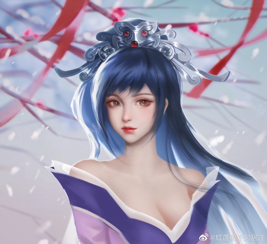 1girl, bare_shoulders, bare_tree, blue_hair, blue_sky, chi_lian_(qin_shi_ming_yue), dress, hair_ornament, highres, honglian_dianxia_qiju_zhu, long_hair, purple_dress, qinshi_mingyue, sky, smile, snow, solo, streamers, tree, upper_body