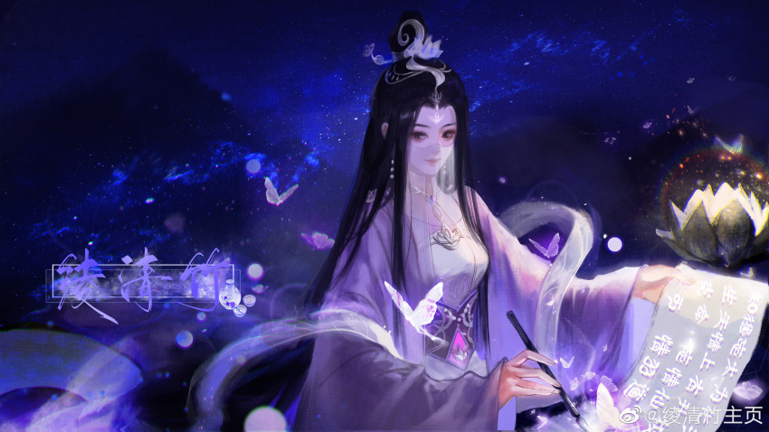 1girl, absurdres, black_hair, brush, bug, butterfly, dark_background, dress