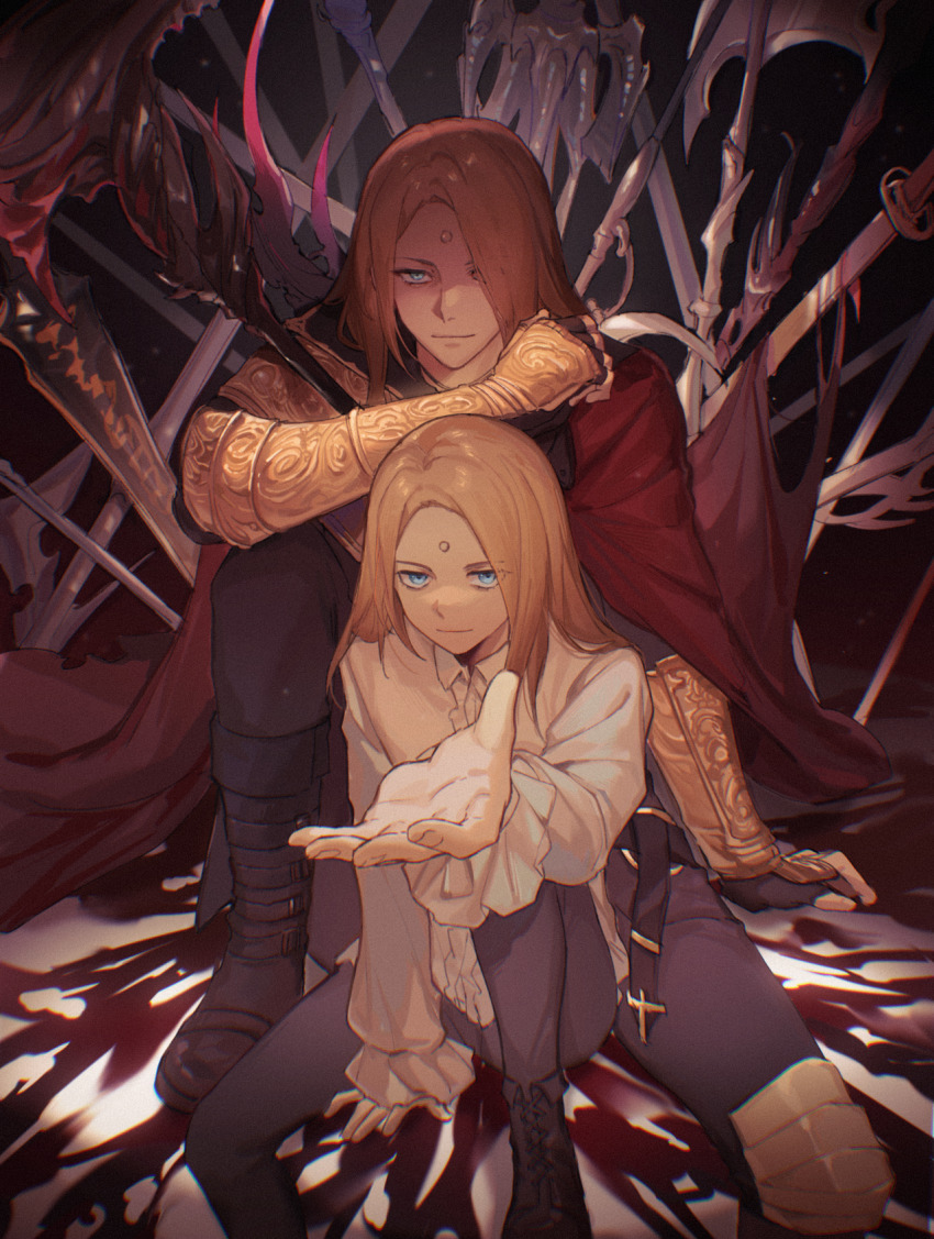 2boys, aged_down, black_background, black_footwear, black_gloves, black_pants, blonde_hair, blue_eyes, cape, chinese_commentary, collared_shirt, commentary_request, cross-laced_footwear, dual_persona, elbow_on_knee, feet_out_of_frame, final_fantasy, final_fantasy_xiv, fingerless_gloves, foreshortening, garlean, gegeblue, gloves, hair_over_one_eye, highres, knee_up, light_smile, long_hair, long_sleeves, male_focus, multiple_boys, one_eye_covered, outstretched_arm, pants, planted, planted_sword, planted_weapon, puffy_long_sleeves, puffy_sleeves, reaching, reaching_towards_viewer, red_cape, scythe, shirt, shoes, sitting, sword, third_eye, vambraces, weapon, white_shirt, zenos_yae_galvus
