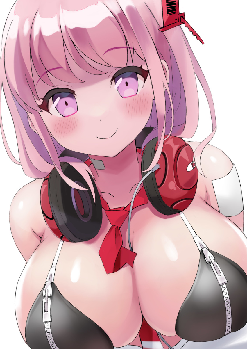1girl, absurdres, between_breasts, bikini, black_bikini, black_jacket, blue_archive, blush, breasts, cleavage, closed_mouth, commentary_request, eimi_(blue_archive), halo, highres, jacket, large_breasts, long_hair, looking_at_viewer, necktie, necktie_between_breasts, pink_hair, purple_eyes, red_necktie, saibashi_(develop_komono), smile, solo, swimsuit, upper_body, white_hair