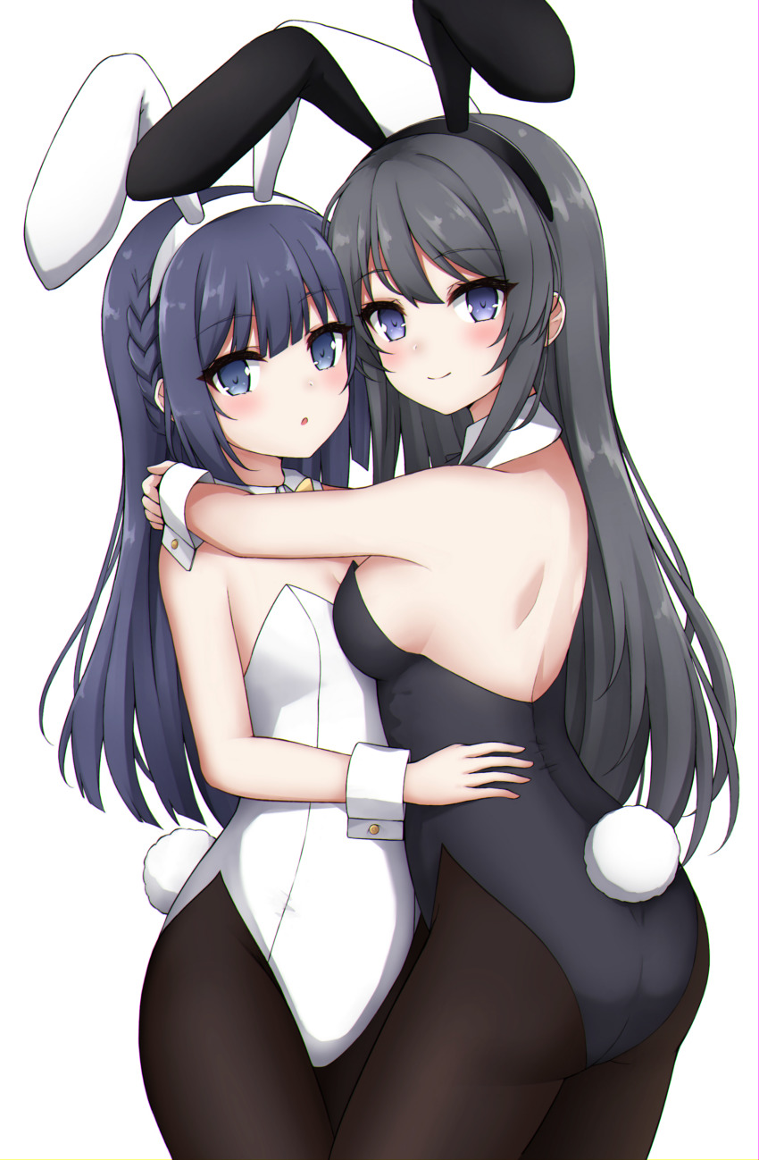 2girls, absurdres, animal_ears, ass, back, bare_arms, bare_shoulders, black_hair