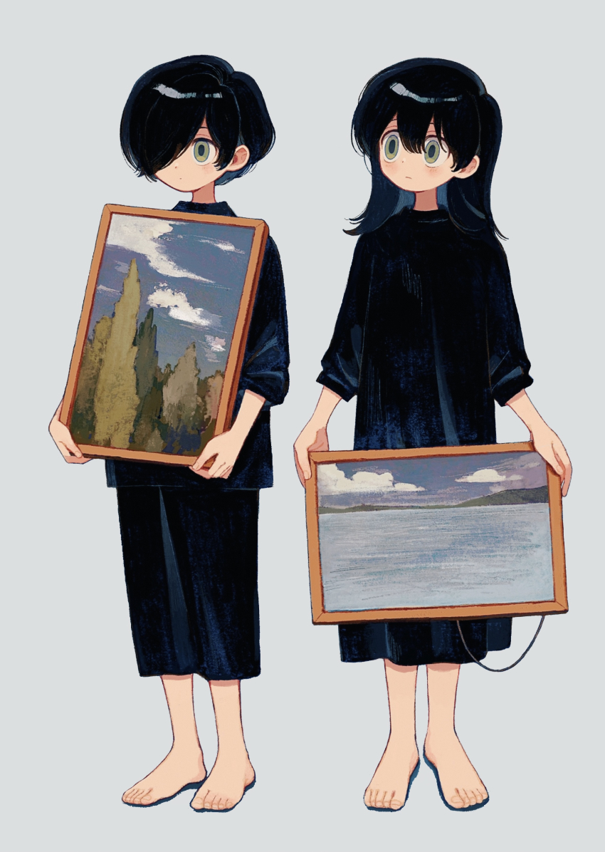 1boy, 1girl, absurdres, barefoot, black_dress, black_hair, blue_background, blush