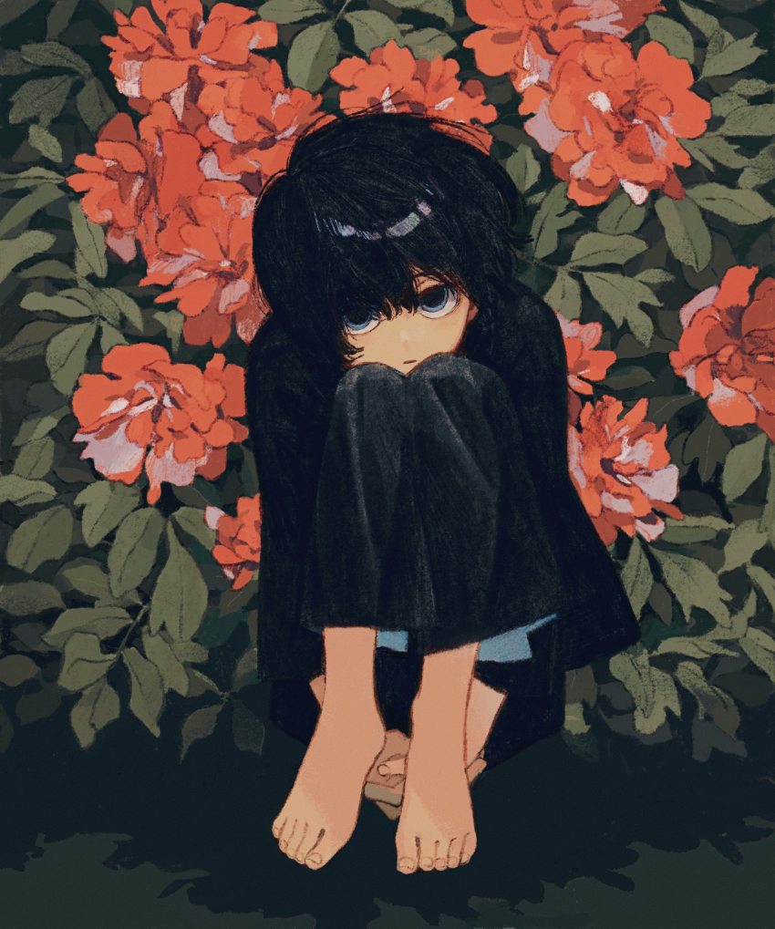 1girl, barefoot, black_hair, blue_eyes, bush, feet, flower, highres