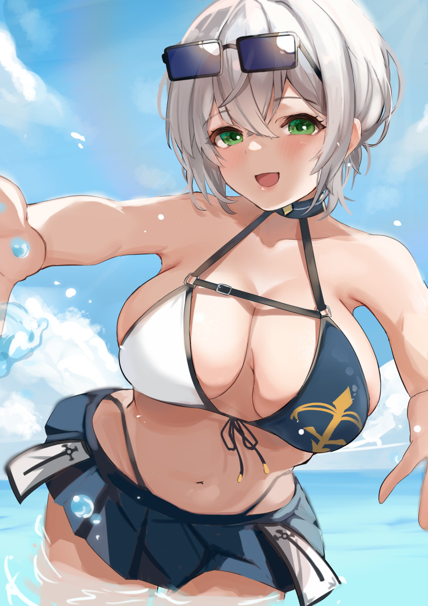 1girl, :d, anchor_print, beach, bikini, blunt_bangs, blurry, blush