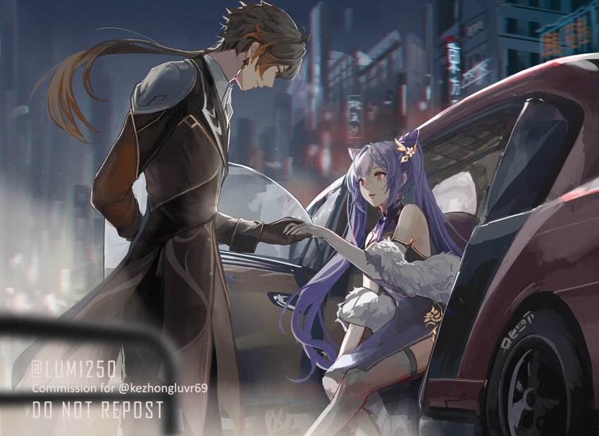 1boy, 1girl, arm_behind_back, bad_id, bad_twitter_id, black_gloves, brown_hair, car