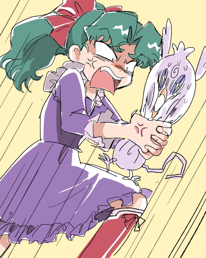 1other, anger_vein, boots, brown_background, ieki_(karakazoy), ponytail, squeezing_other, strangling