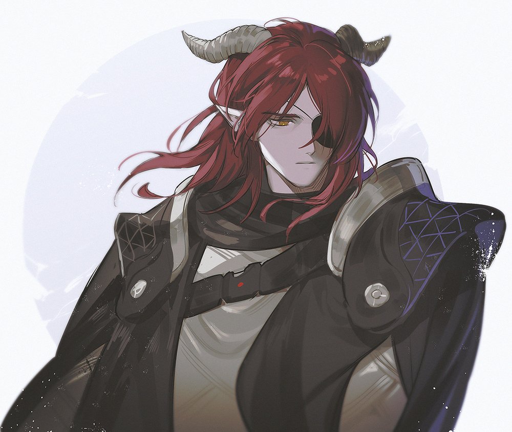 1boy, :|, arknights, black_scarf, closed_mouth, demon_boy, demon_horns, expressionless