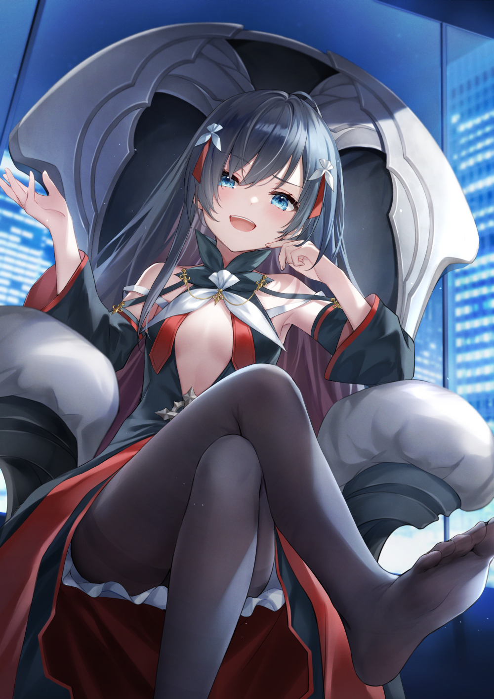 1girl, :d, ahoge, armpits, bare_shoulders, black_dress, black_hair, black_pantyhose, blue_eyes, breasts, center_opening, counter:side, crossed_legs, detached_sleeves, dress, feet, hair_ornament, hand_up, higeneko, highres, long_hair, long_sleeves, looking_at_viewer, no_bra, no_shoes, on_throne, open_mouth, pantyhose, raised_eyebrow, rosaria_le_friede, sitting, small_breasts, smile, smug, soles, solo, throne, toes